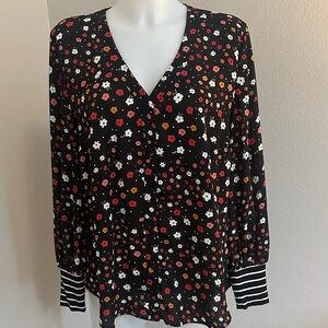 CAbi Black Floral Blouse with Striped Cuffs